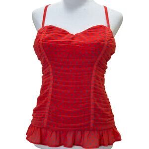 GUESS Los Angeles Corset Tank Coral Blue Polka Dot Size XL Coquette Pin Up‎